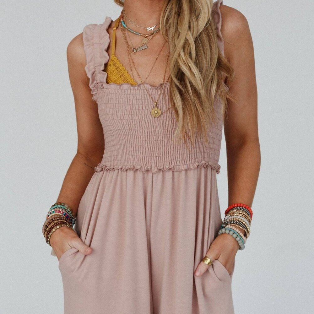 NWT THREE BIRD NEST Nothing Compares Smocked Ruffle Jumpsuit Dusty Rose Small - Picture 2 of 4